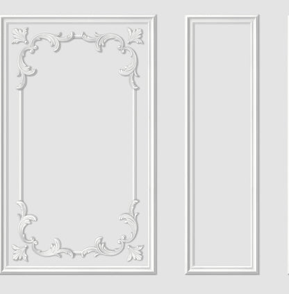 White decorative plaster wall panel with ornate rococo floral scroll border; beside a tall plain rectangular molding panel.