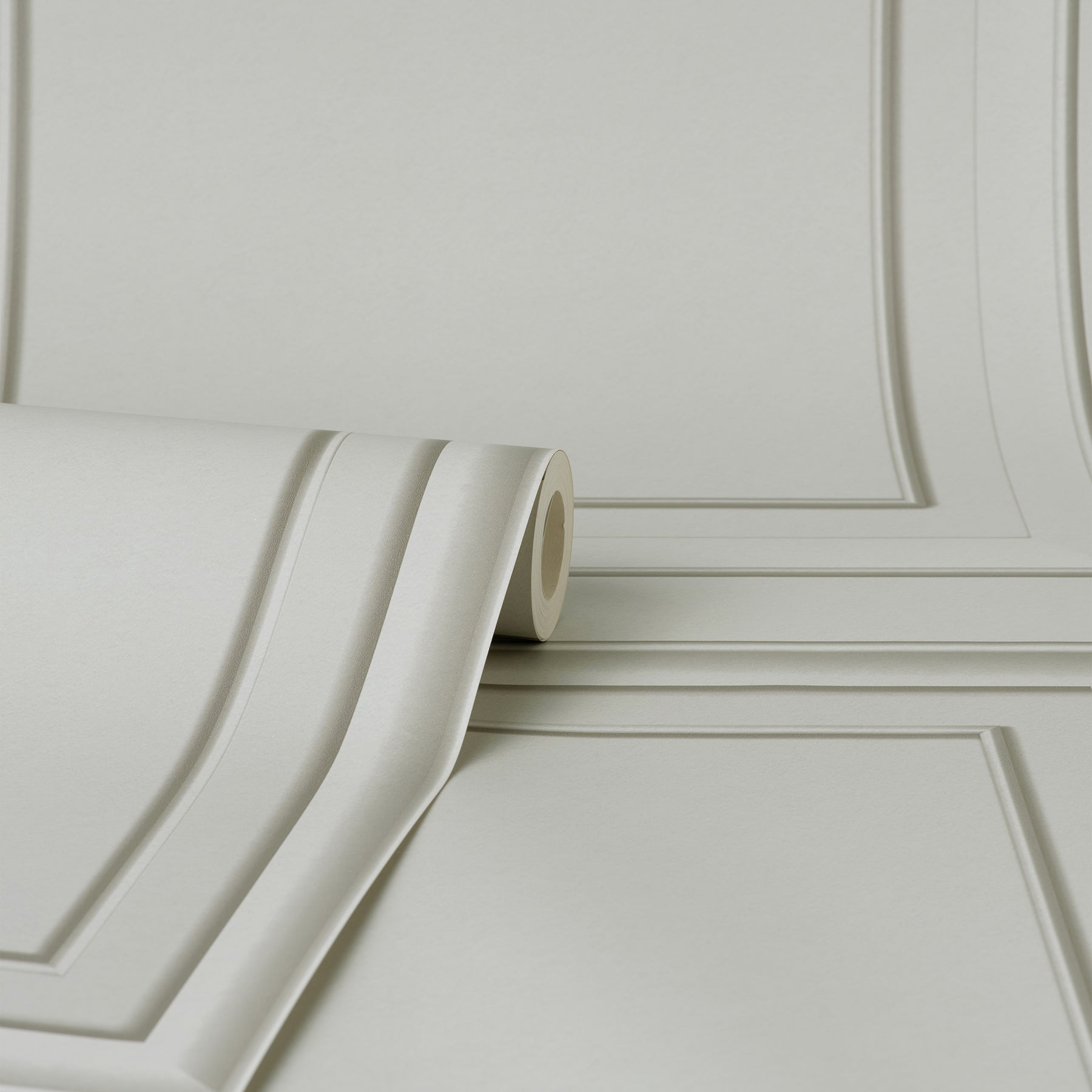Grey square panel wallpaper with a decorative framed panel design; traditional wallcovering.
