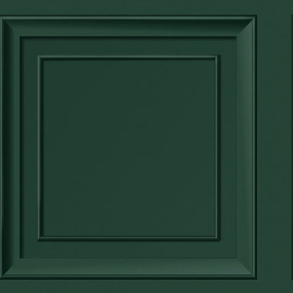 Emerald green wallpaper featuring a distinctive square panel motif with layered, recessed panels for a traditional evergreen look.