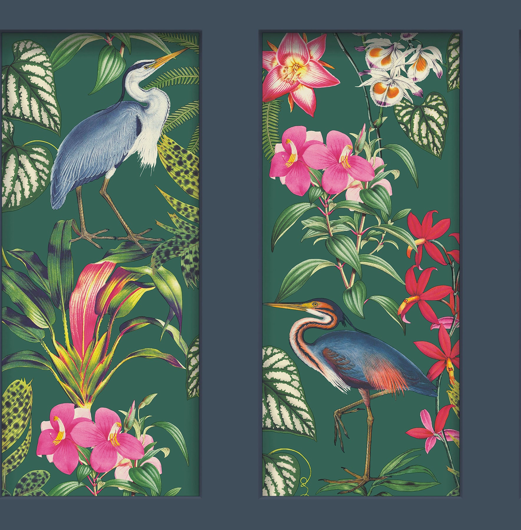 Two vertical tropical panels with dark borders; left heron among green leaves and pink blooms, right heron beside orchids.