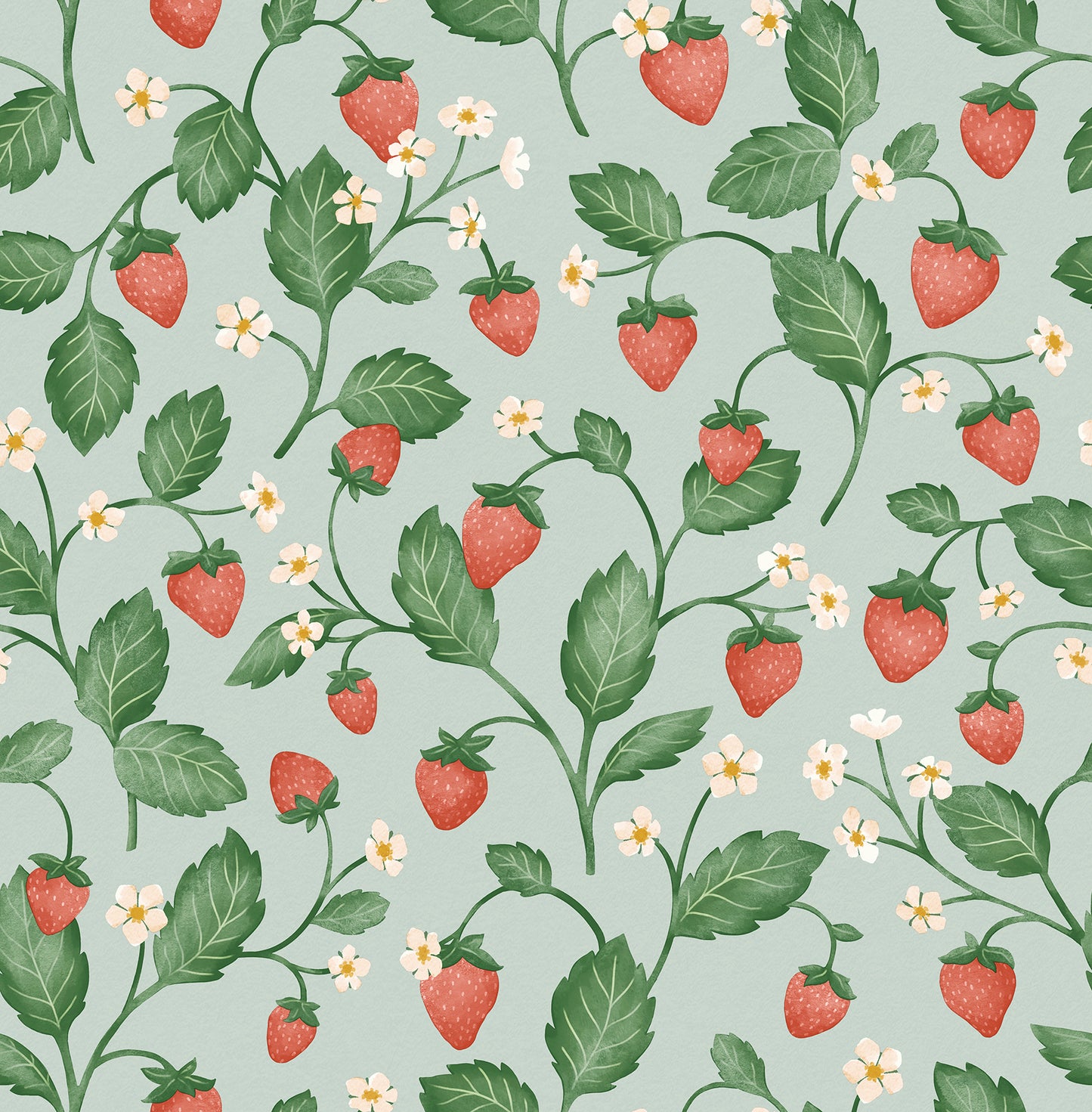 Strawberry plant pattern with green leaves, white flowers and red berries on a seafoam background; wallpaper.