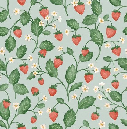 Strawberry plant pattern with green leaves, white flowers and red berries on a seafoam background; wallpaper.