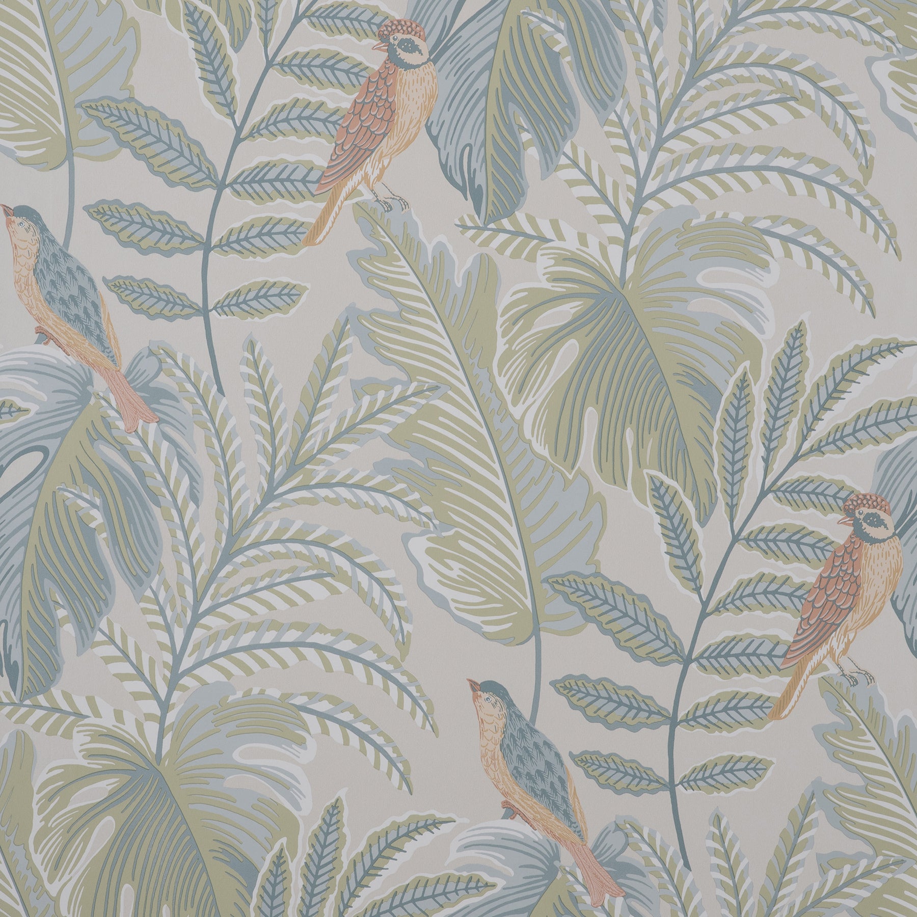 Pastel tropical wallpaper featuring perched parrots among palm fronds in blue, green and peach tones.