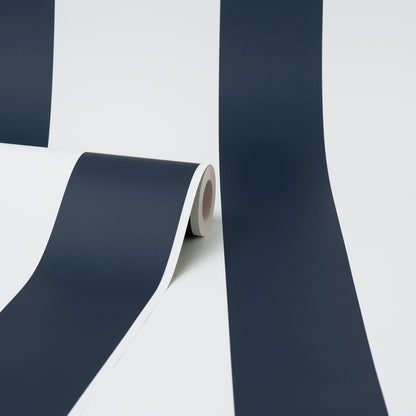 Close-up of coastal blue stripe wallpaper pattern.