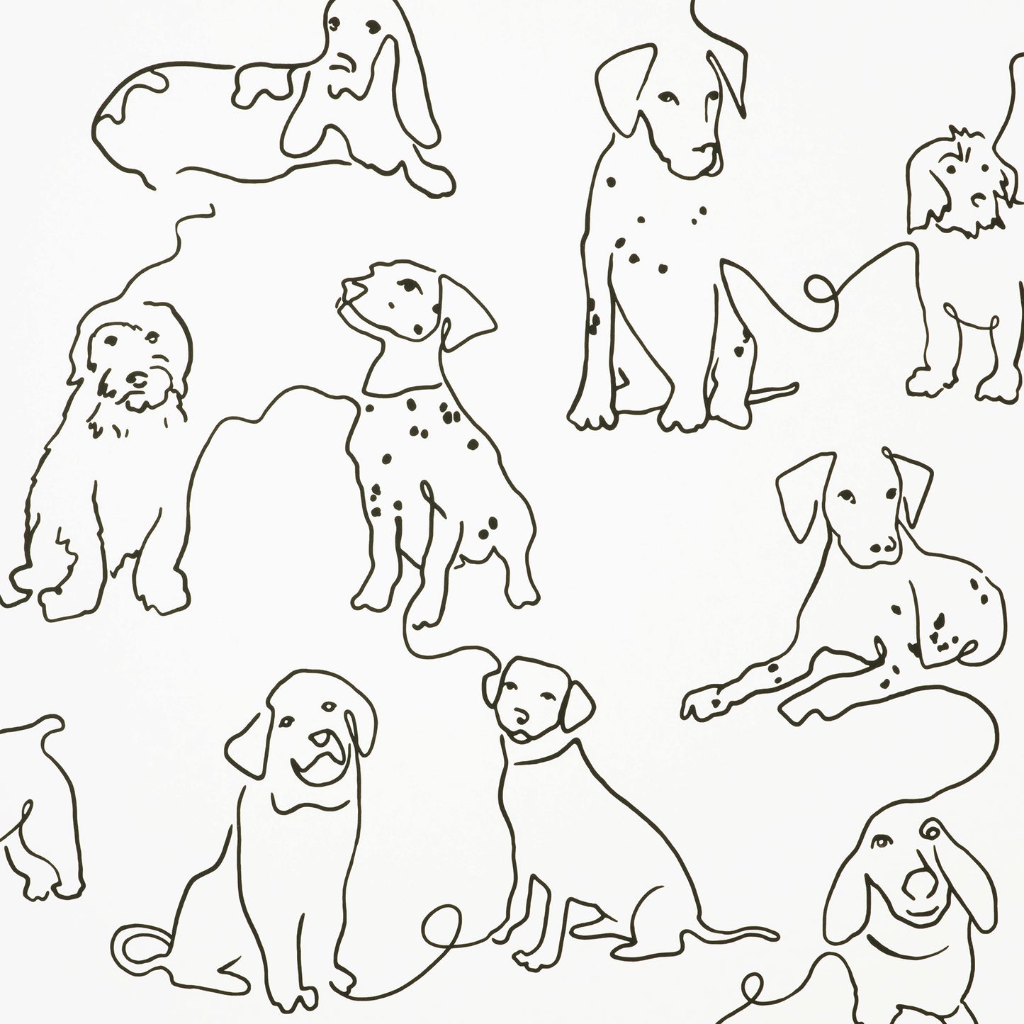 Minimalist black line-drawn dog silhouettes in various poses forming a playful repeating wallpaper pattern.