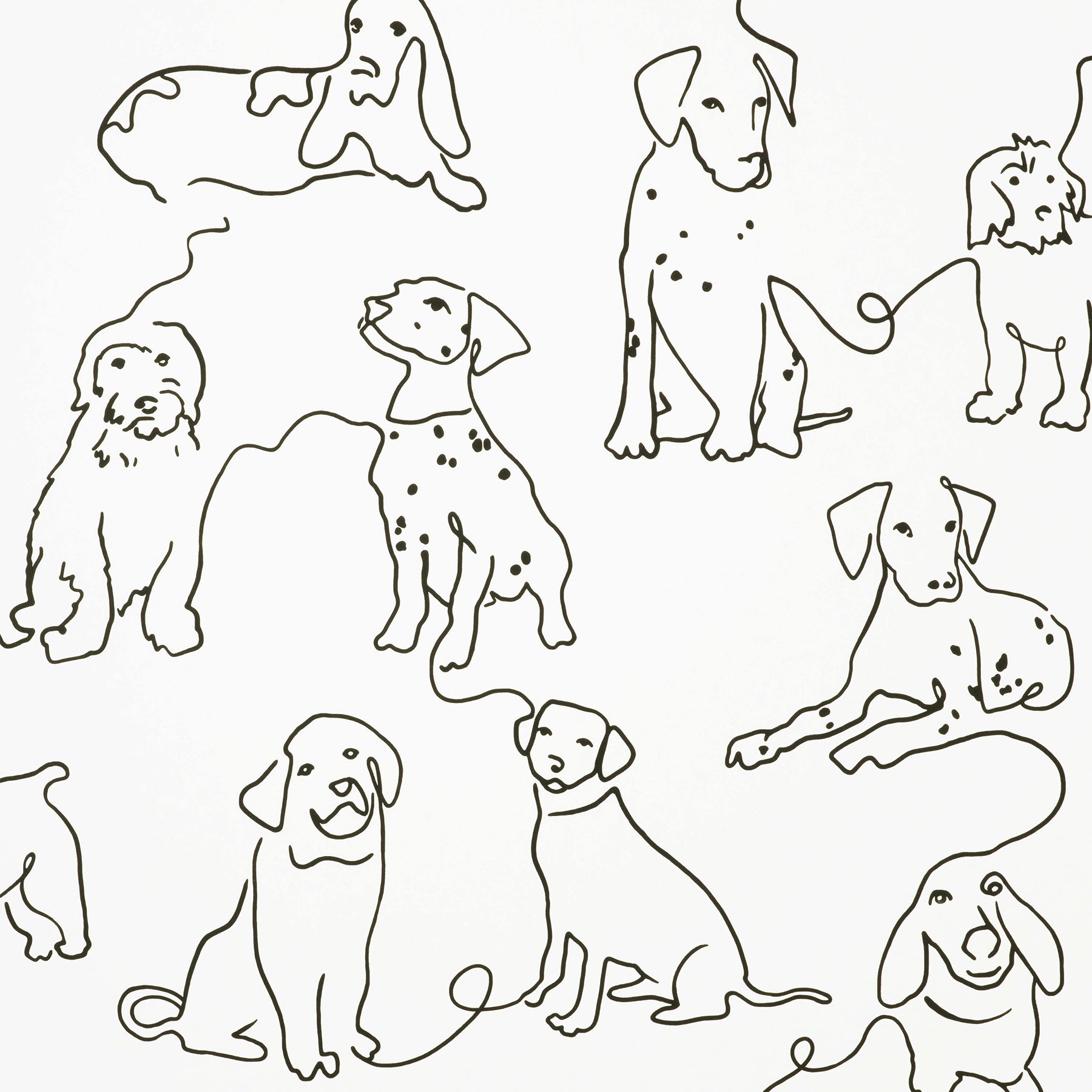 Minimalist black line-drawn dog silhouettes in various poses forming a playful repeating wallpaper pattern.