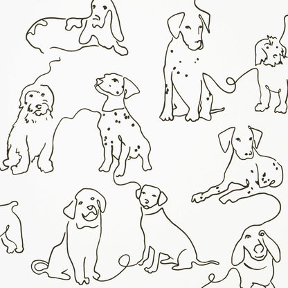 Minimalist black line-drawn dog silhouettes in various poses forming a playful repeating wallpaper pattern.