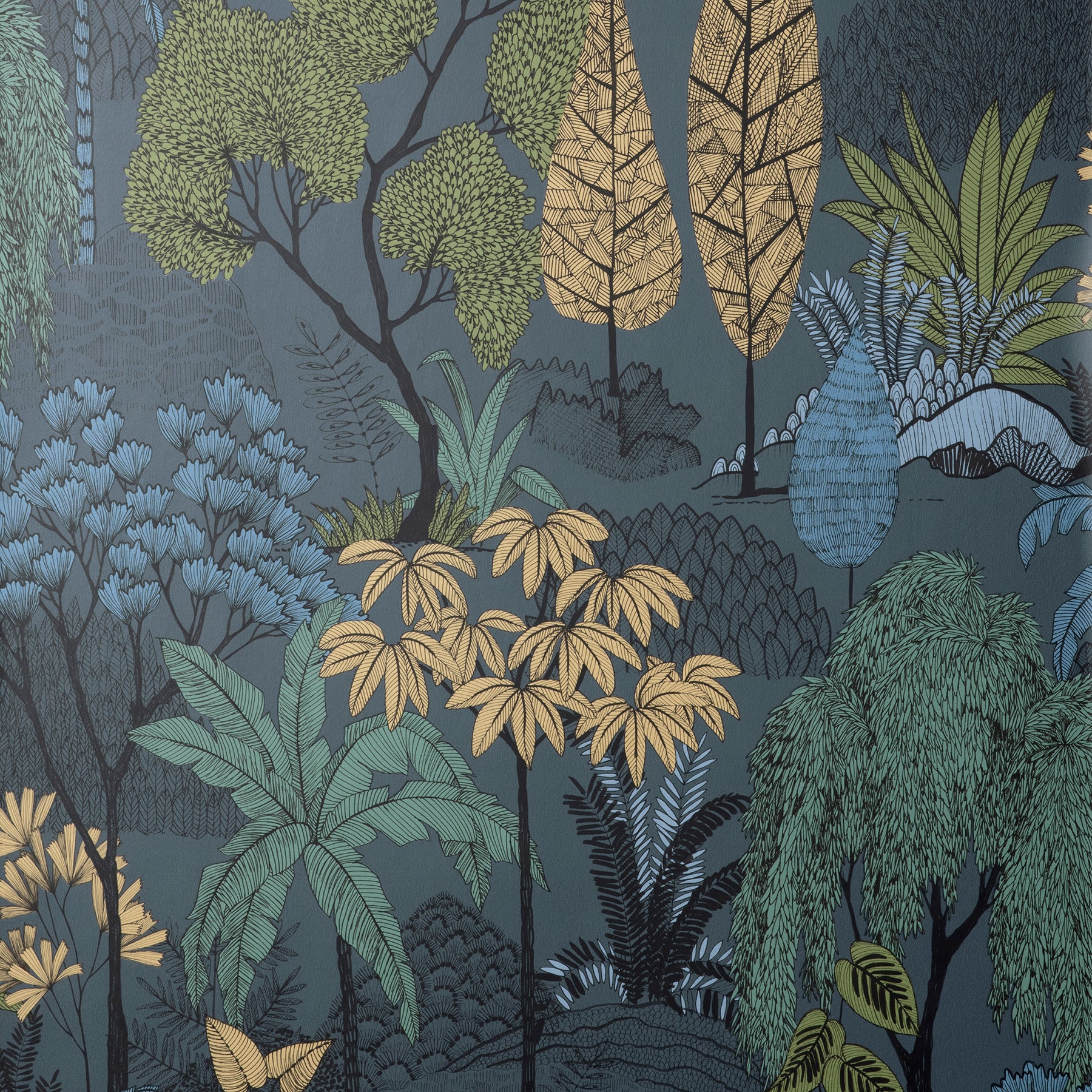 Tropical botanical wallpaper with blue, teal & beige foliage; palms, trees & ferns on a dark background.