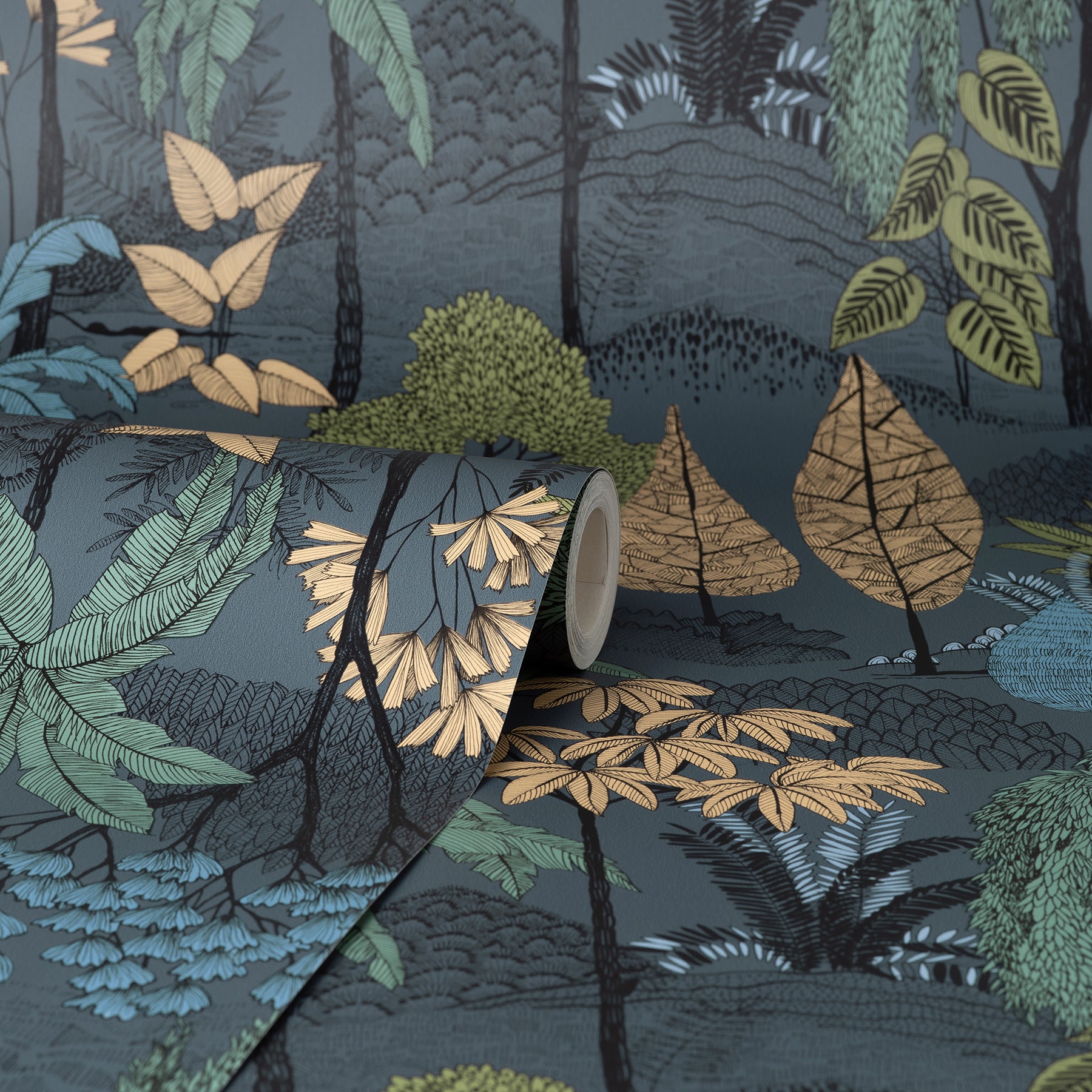 Tropical jungle wallpaper roll in blue, teal & gold with palm leaves; partially unrolled showing dense botanical pattern.