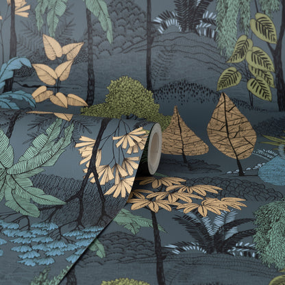 Tropical jungle wallpaper roll in blue, teal & gold with palm leaves; partially unrolled showing dense botanical pattern.