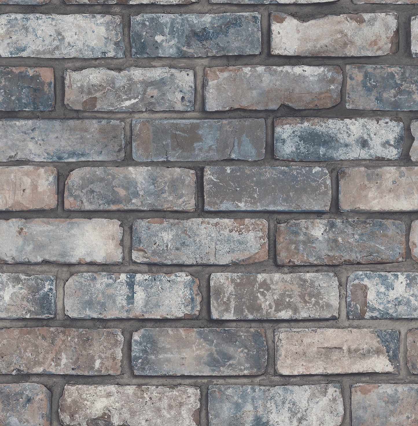 Weathered gray-blue brick wallpaper with rectangular bricks and dark mortar.