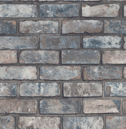 Weathered gray-blue brick wallpaper with rectangular bricks and dark mortar.