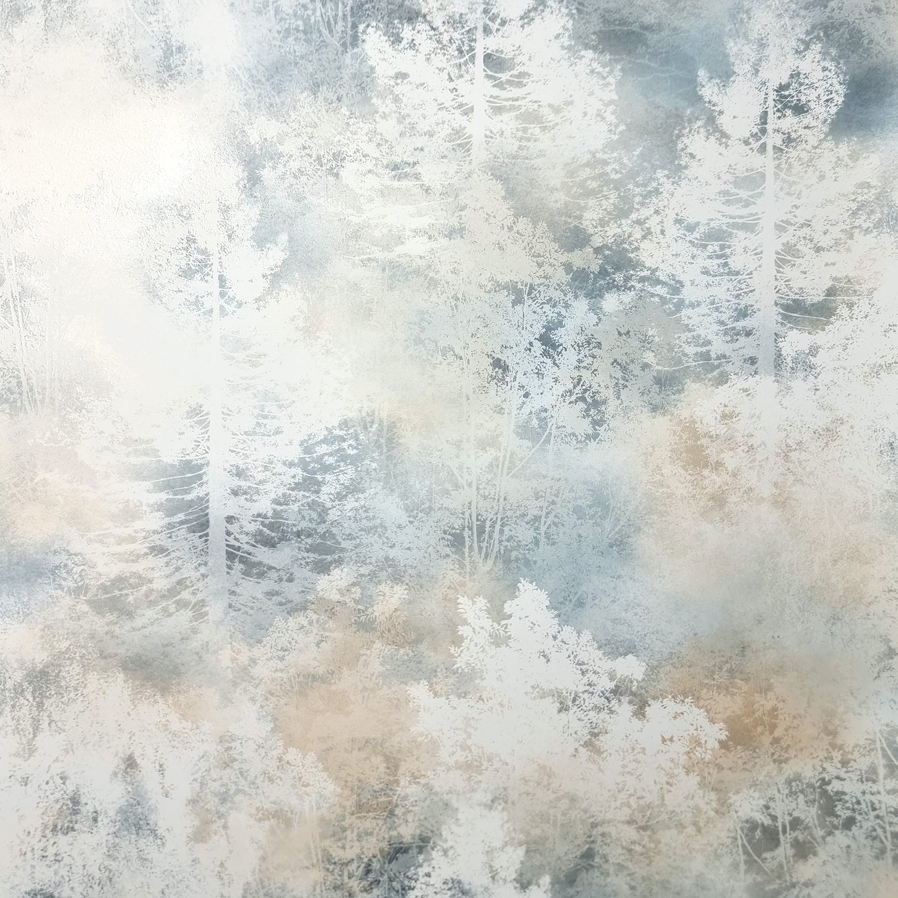 Soft abstract forest wallpaper with pale white trees, blue-gray mist, and beige-brown tones.