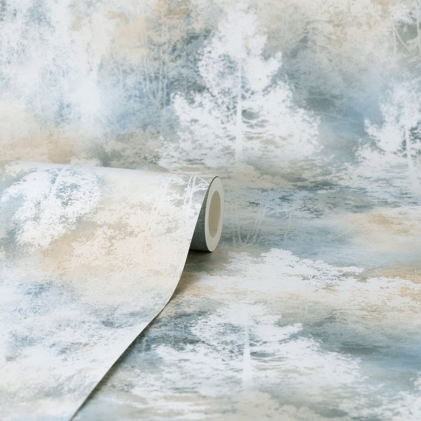 Partial roll of wallpaper featuring pale blue trees on a beige background in a modern botanical pattern.