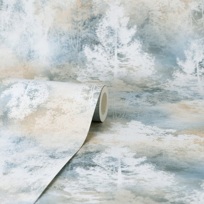 Partial roll of wallpaper featuring pale blue trees on a beige background in a modern botanical pattern.