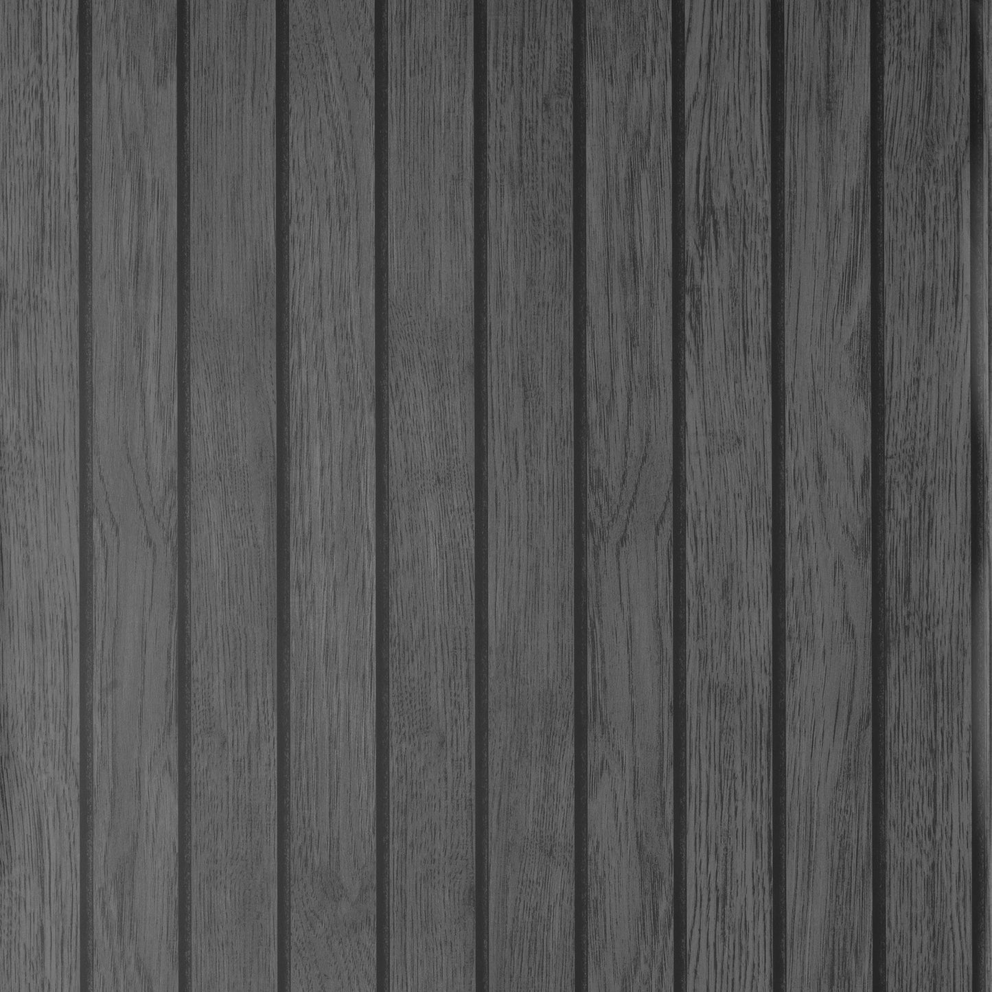 Dark gray-black wooden slat wallpaper with vertical slats and visible grain.