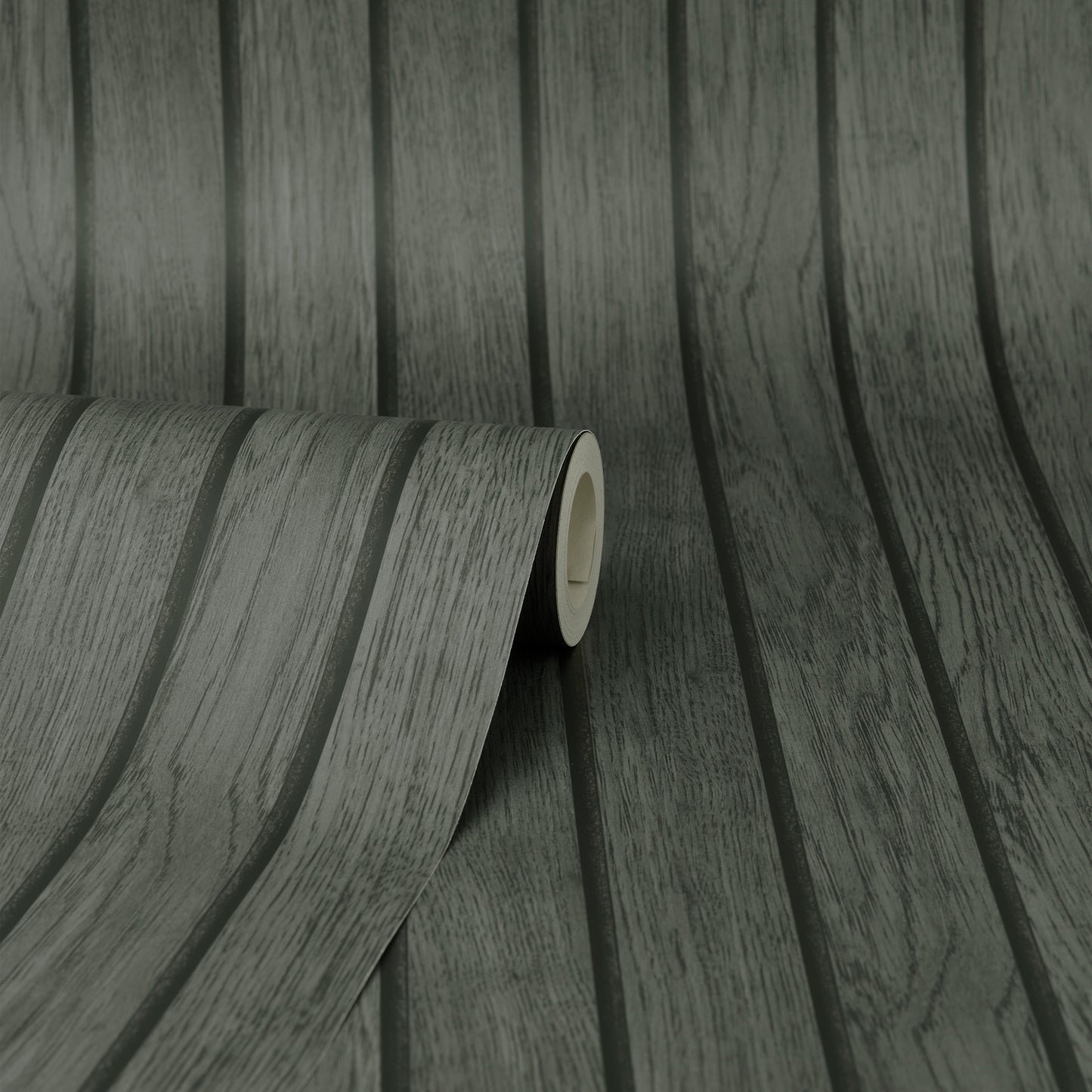 Black wooden slat wallpaper with wood-grain texture; roll with curling edge.