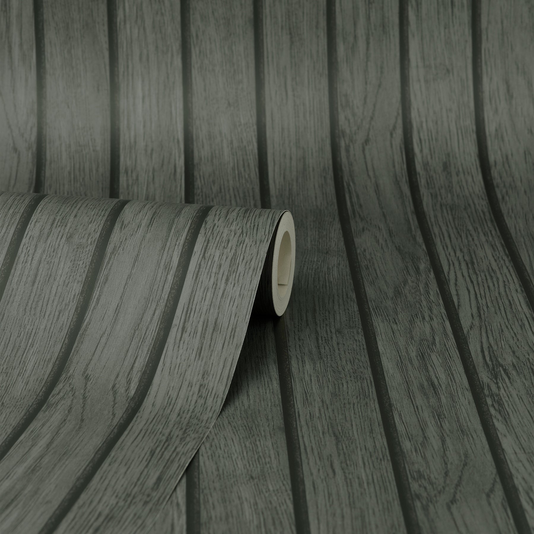 Black wooden slat wallpaper with wood-grain texture; roll with curling edge.