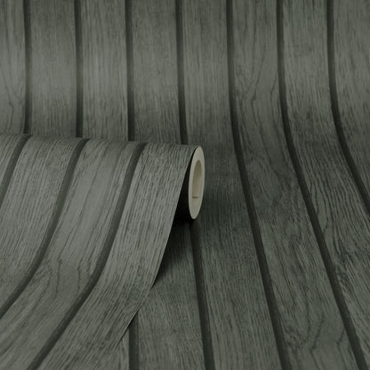 Black wooden slat wallpaper with wood-grain texture; roll with curling edge.