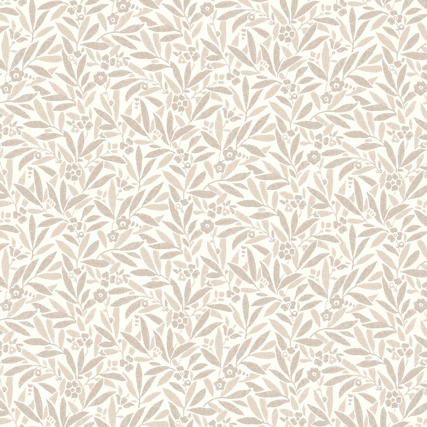Beige wallpaper with cream ditsy leaves and small flowers in a dense, repeating pattern.