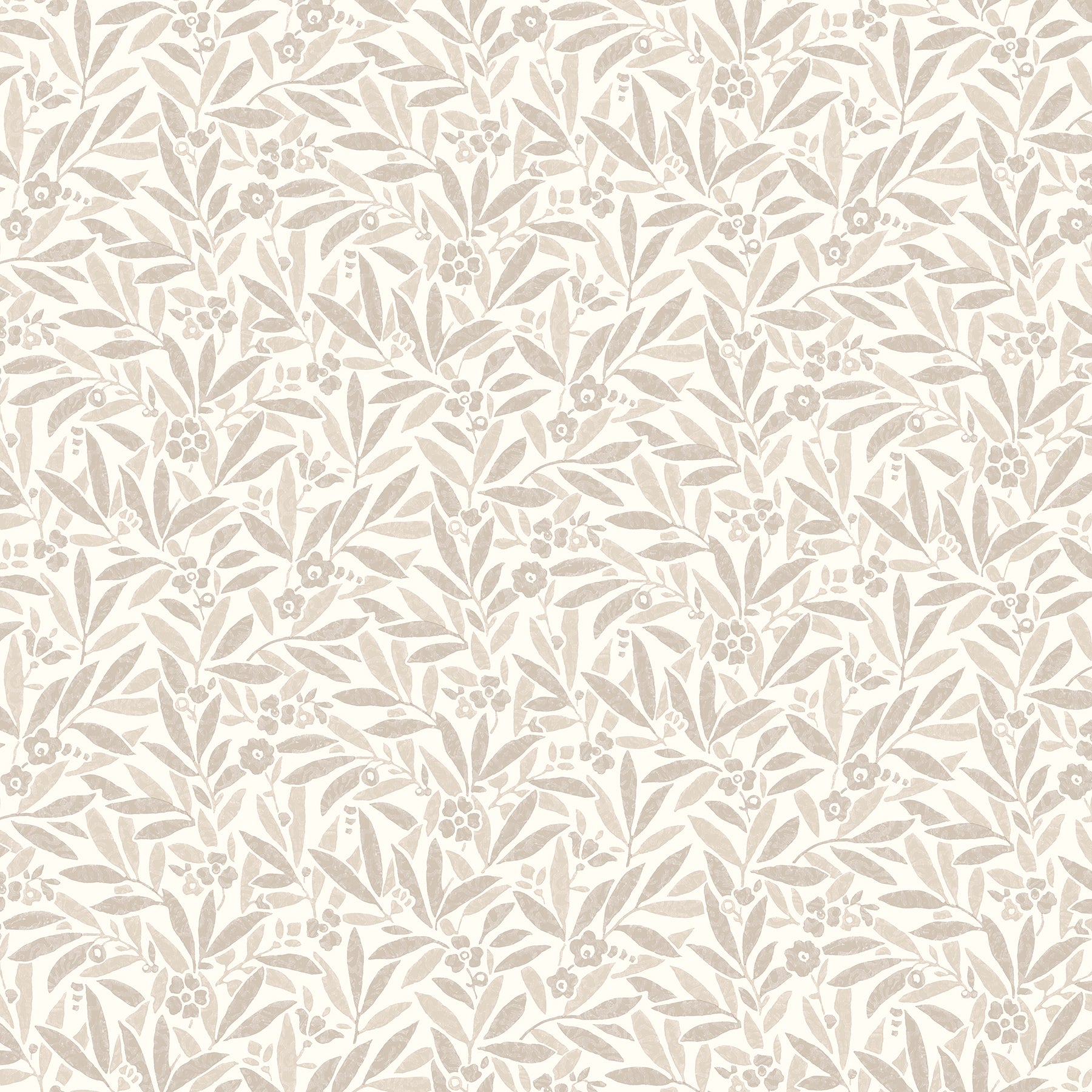 Beige wallpaper with cream ditsy leaves and small flowers in a dense, repeating pattern.