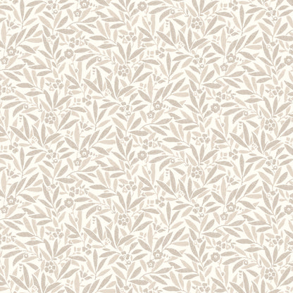 Beige wallpaper with cream ditsy leaves and small flowers in a dense, repeating pattern.