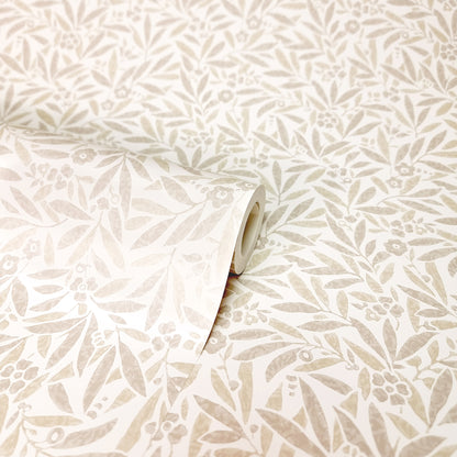 Cream wallpaper with beige botanical pattern of leaves and small flowers; rolled corner.