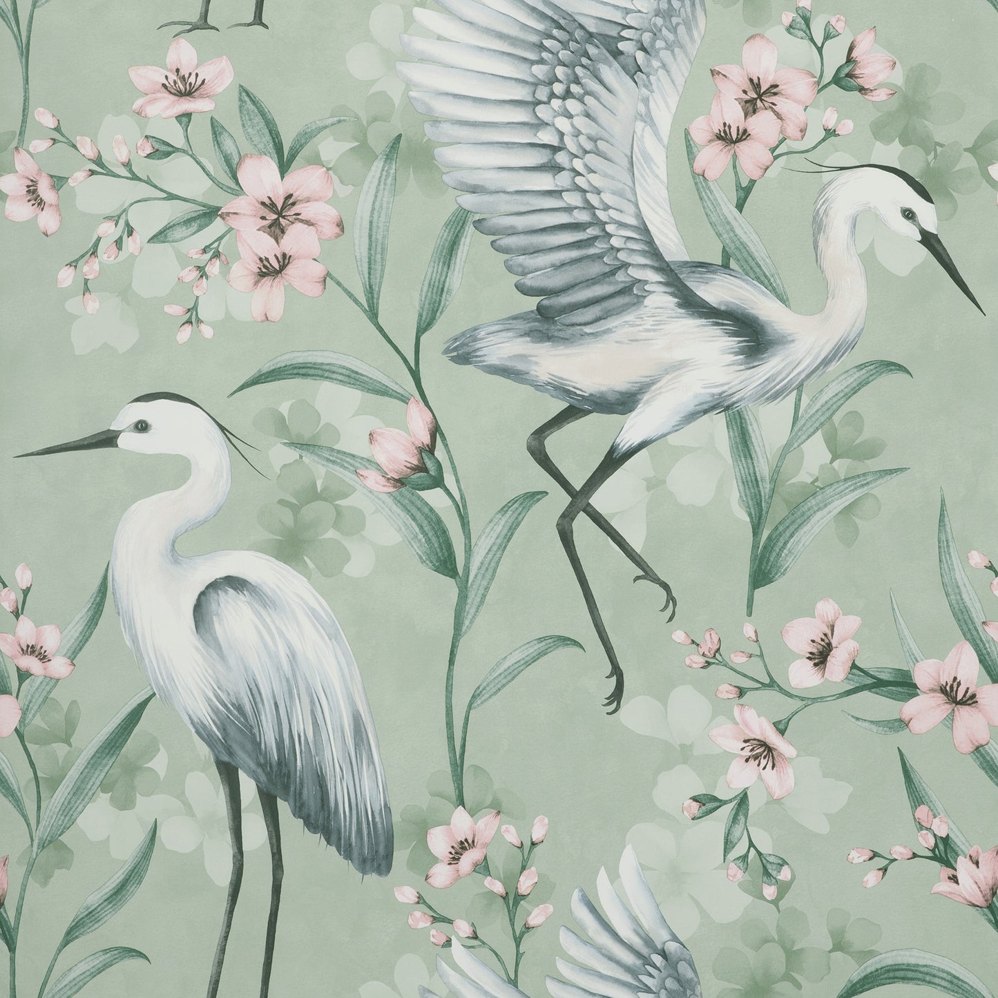 Pastel green wallpaper featuring white herons among pink blossoms and green leaves in a nature-inspired decorative pattern.