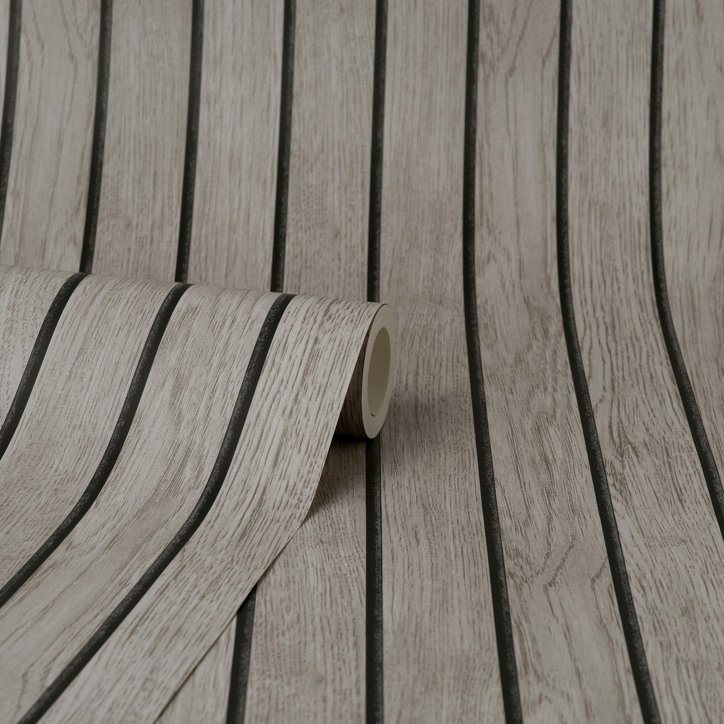 Grey wooden slat wallpaper with textured woodgrain, rolled sample for interiors.