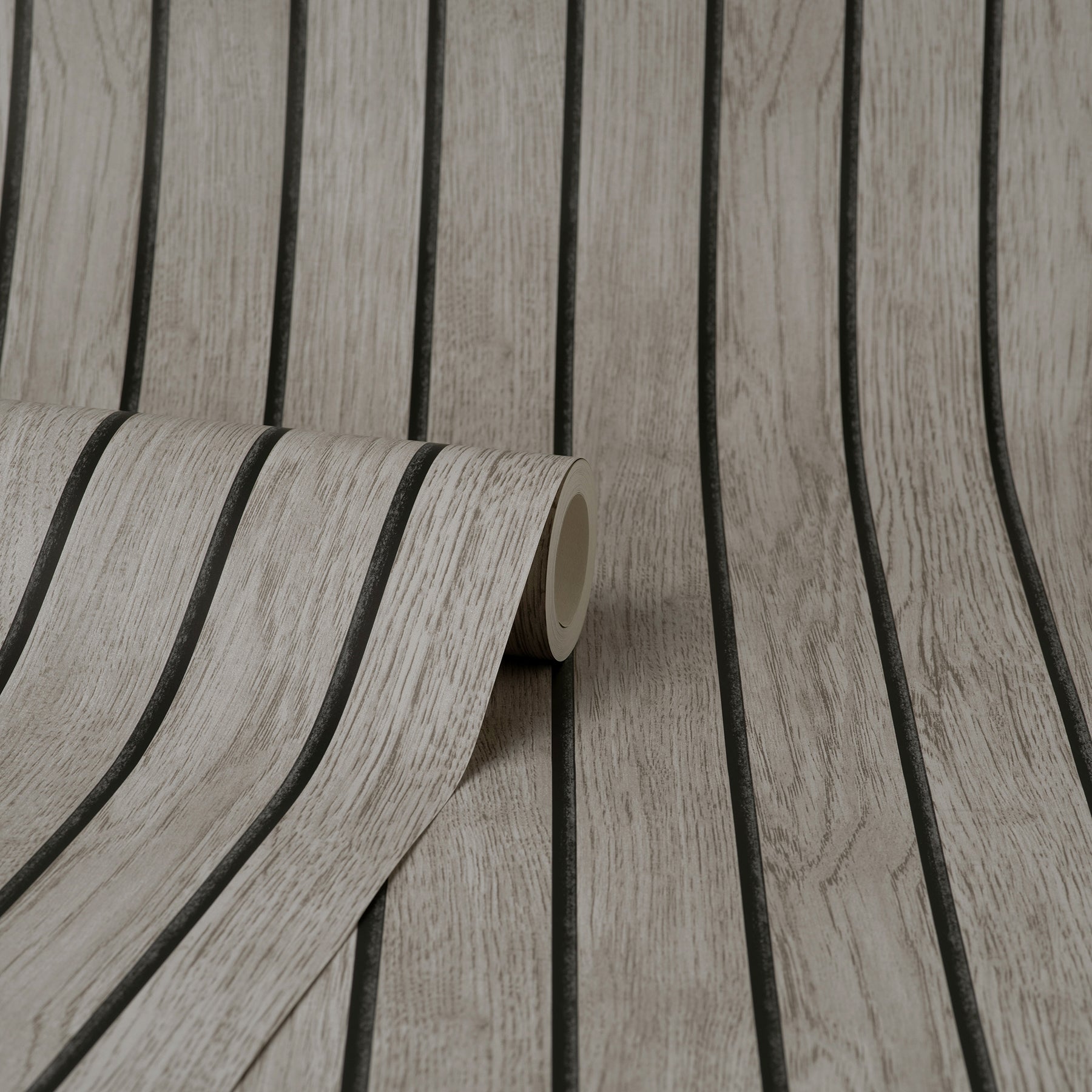 Grey wooden slat wallpaper with textured woodgrain, rolled sample for interiors.