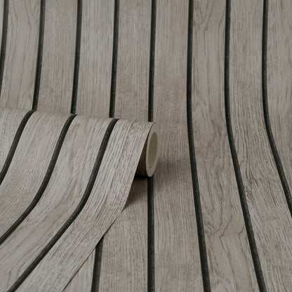 Grey wooden slat wallpaper with textured woodgrain, rolled sample for interiors.