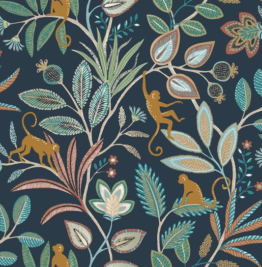 York Wallcoverings Fine Decor Kenzo Navy Monkey Walk Wallpaper Animals Bohemian Navy  Wallpaper - FD43836