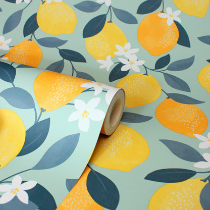 York Wallcoverings Fine Decor Inigo Seafoam Sicily Fruits Wallpaper Botanical Eclectic Seafoam  Wallpaper - FD43837