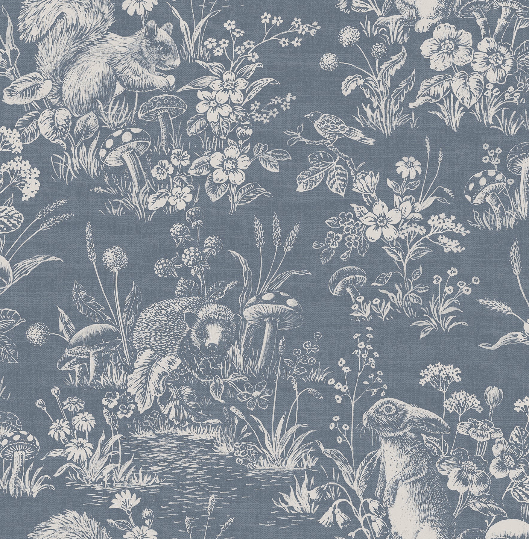 Blue wallpaper with a white toile-style woodland pattern featuring squirrels, birds, mushrooms, and flowers in intricate line art.