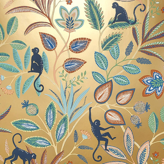 York Wallcoverings Fine Decor Kenzo Gold Monkey Walk Wallpaper Animals Bohemian Gold  Wallpaper - FD43841