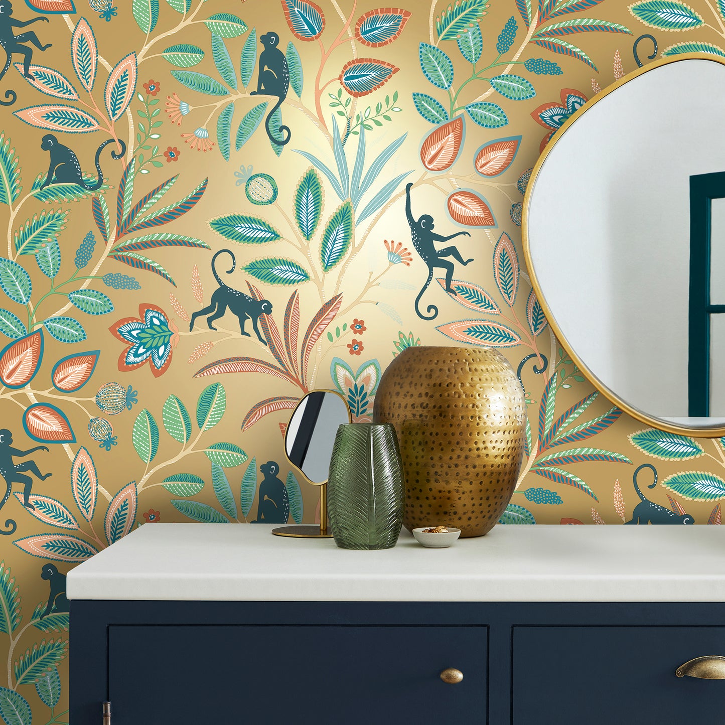 York Wallcoverings Fine Decor Kenzo Gold Monkey Walk Wallpaper Animals Bohemian Gold  Wallpaper - FD43841