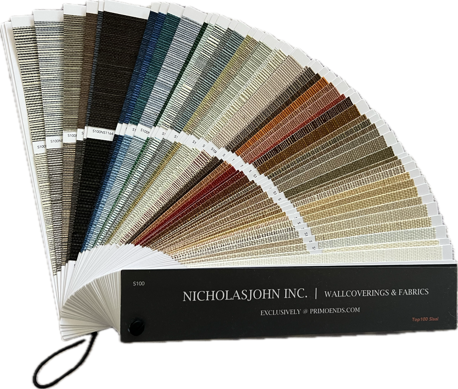 Color swatch book for wallcoverings and fabrics by Nicholas John Inc. on a white background