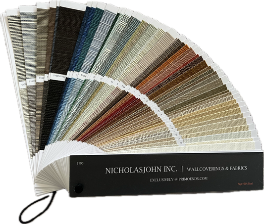 Color swatch book for wallcoverings and fabrics by Nicholas John Inc. on a white background