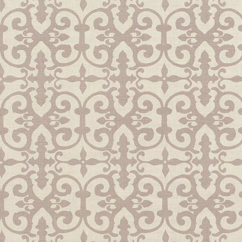 Beige wallpaper with taupe damask lattice pattern; elegant vintage-style wall décor.