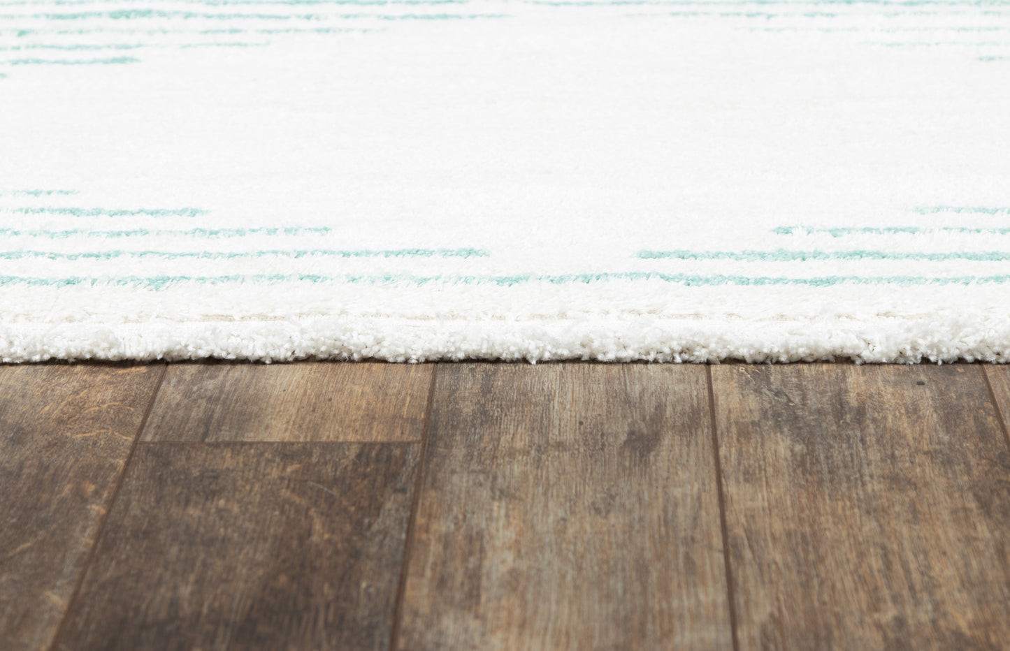 Pale blue patterned rug with a white shag fringe on a dark wooden floor.