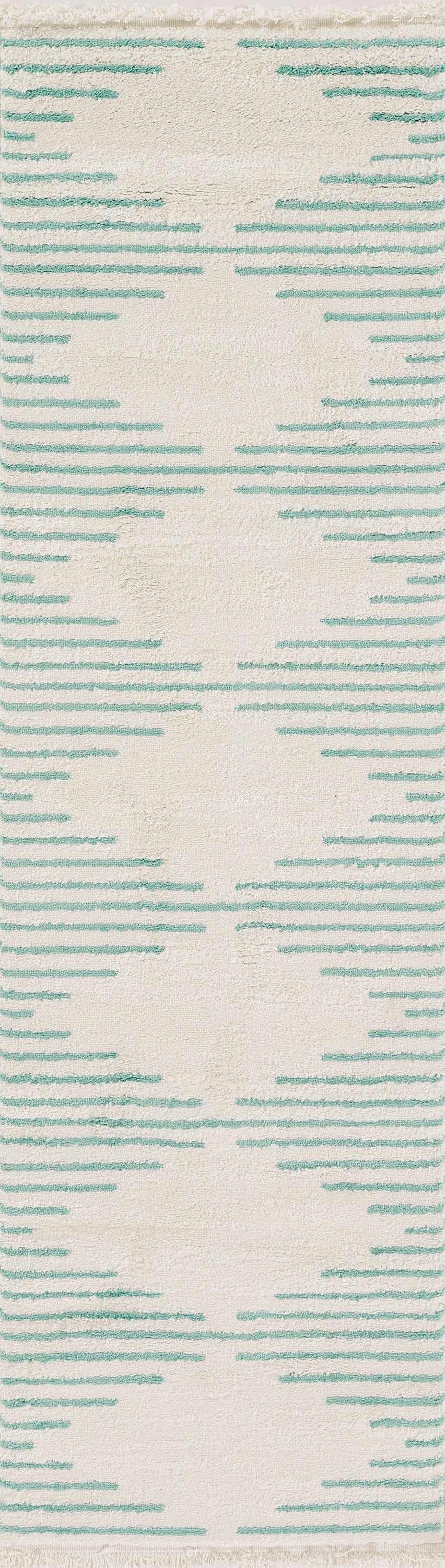 Cream woven rug with turquoise dashed lines forming oval geometric motifs in a modern pattern.
