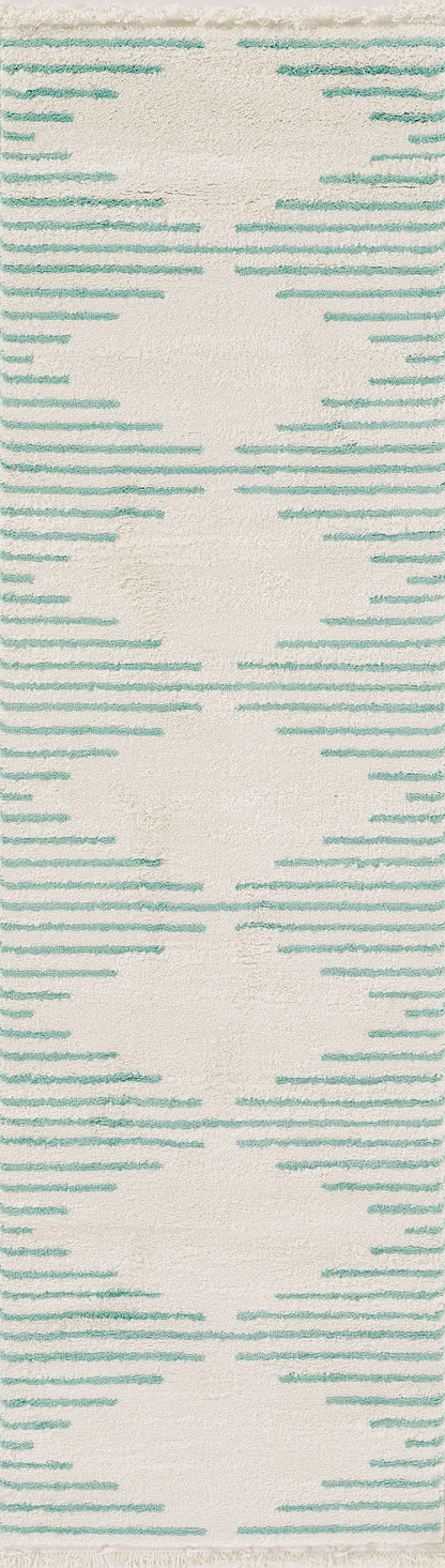 Cream woven rug with turquoise dashed lines forming oval geometric motifs in a modern pattern.