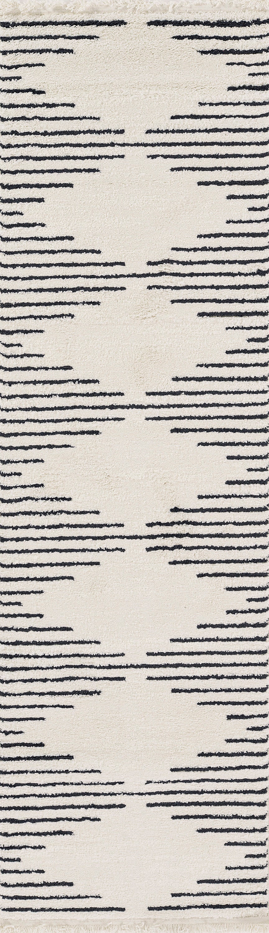 Cream flat-weave rug with dark navy dash lines forming stacked oval motifs for modern living spaces.