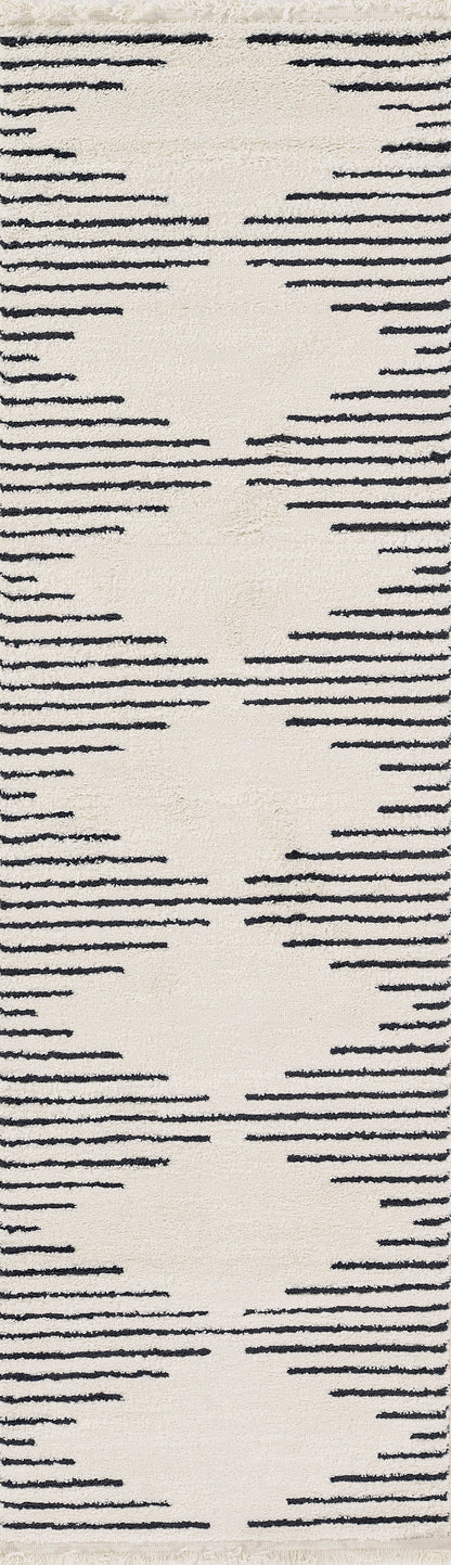 Ivory woven rug with repeating charcoal dashed lines forming geometric diamonds; modern design.