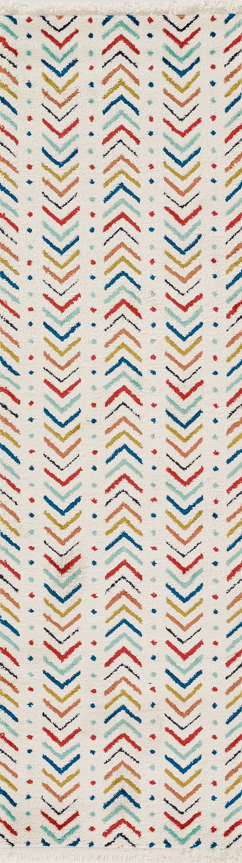 Geometric chevron pattern in teal, blue, orange and red with tiny dots on white runner rug; boho textile print.