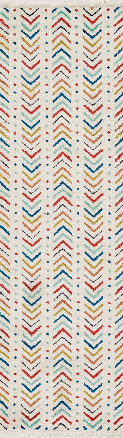 Geometric chevron pattern in teal, blue, orange and red with tiny dots on white runner rug; boho textile print.