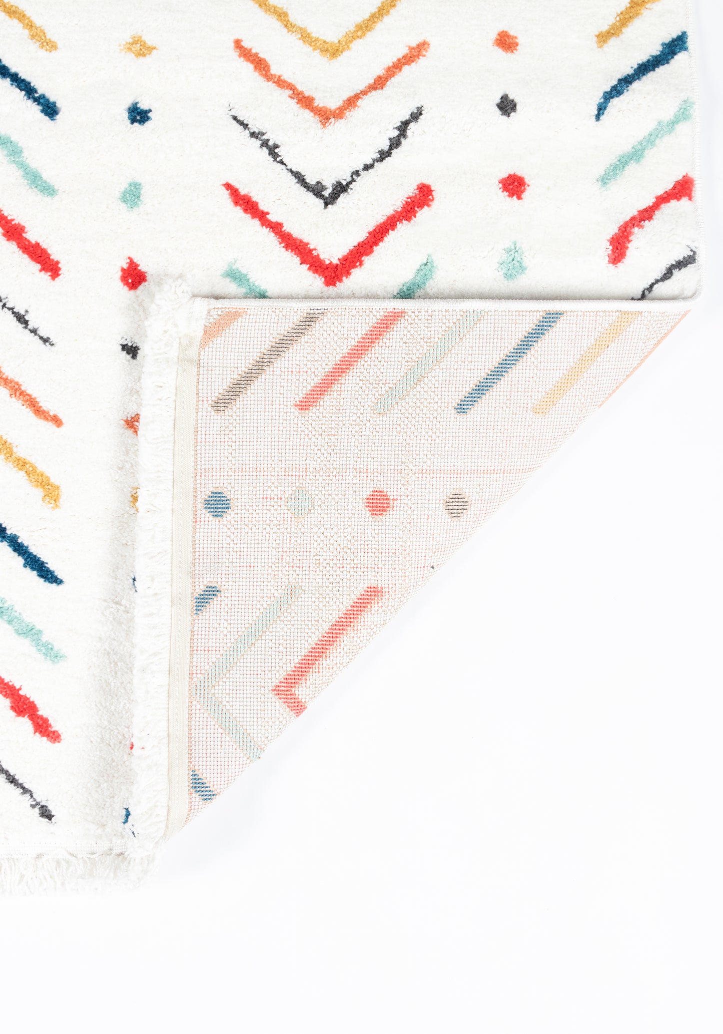 White woven runner rug, 2' x 8', with multicolor chevron stripes & fringed edges; folded corner reveals pastel underside.