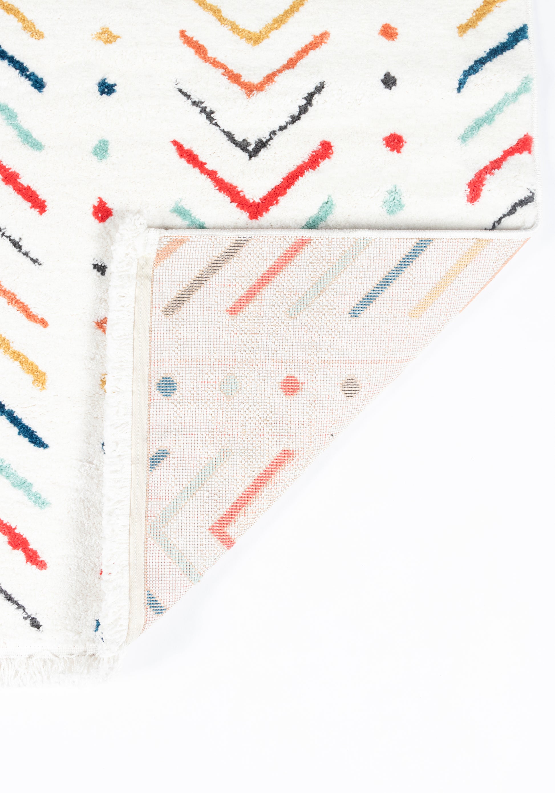 White woven runner rug, 2' x 8', with multicolor chevron stripes & fringed edges; folded corner reveals pastel underside.