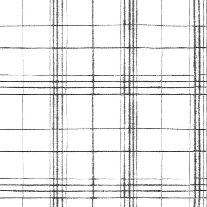 Black & white plaid wallpaper with alternating thick and thin lines in a tartan-style pattern.