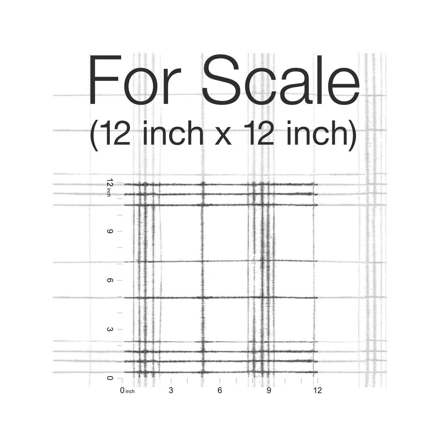 Detail of beige and neutral farmhouse plaid wallpaper in black and white, shown on a 12 inch x 12 inch grid.